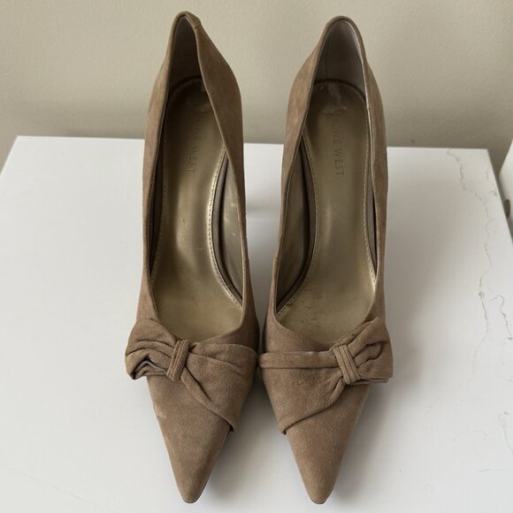 Nine West Suede Stiletto Pumps Heels Tan Brown Slip On Pointed Toe Bow - Picture 8 of 8